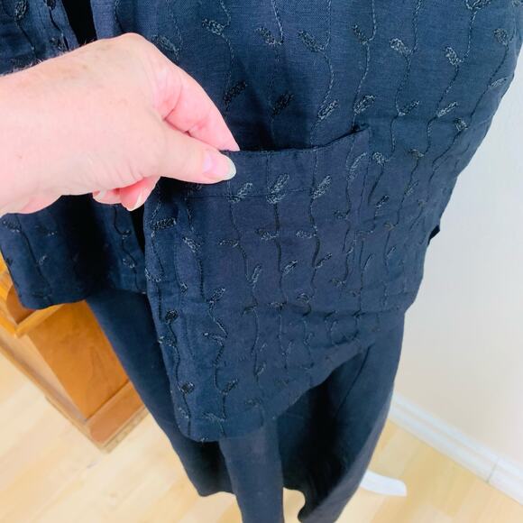 Vintage Size XL Linen Rayon 2-Piece Lagenlook Artsy Black Embroidered Dress Set - Picture 8 of 10